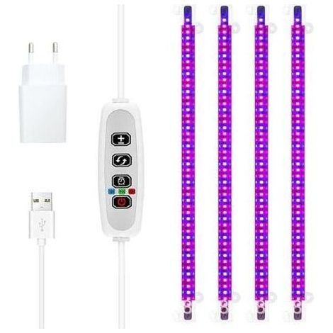 Bande lumineuse de croissance pour plantes - LED 430 nm et 660 nm - Minuterie 3/9/12 heures - 4 tubes (1/5)