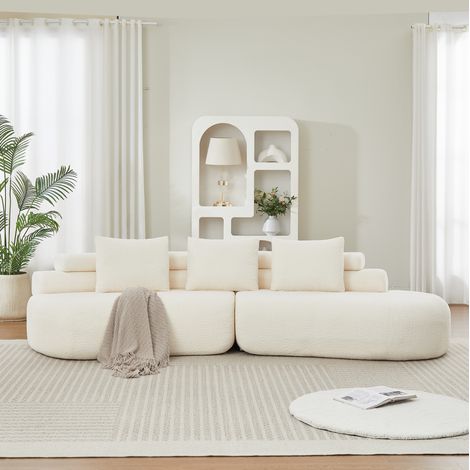 Canapé modulable 2 pièces en chenille beige, 3 places, forme courbe HAVRYA (1/5)