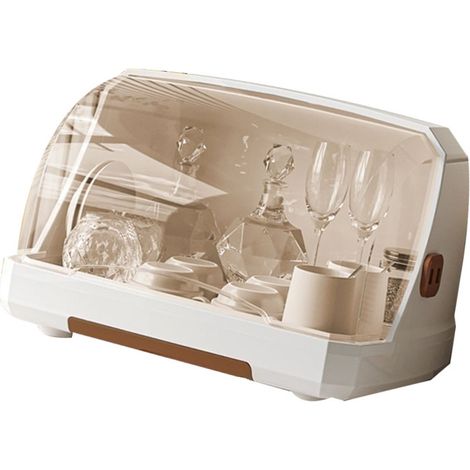 Casier rangement multifonction pour tasses sur bureau avec couvercle anti-poussière et égouttoir, plateau thé verre marron grand 37x26x23 cm (1/5)