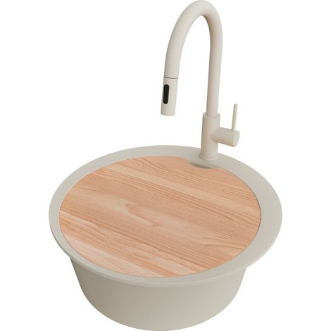 PRIMAGRAN Evier cuisine Granit Rond 53x53cm,Evier 1 bac + Robinet 40x20cm + Kit de Vidage + Planche à Découper, Lavabo Cuisine au meuble 50cm - Pise Max, Beige (1/5)