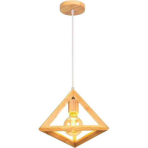 Suspension Luminaire Vintage Lustre Industriel en Bois Luminaire Plafonnier Design de Géométrique E27 Lampe Suspension Abat-jour Triangle, 25CM, Bois Naturel