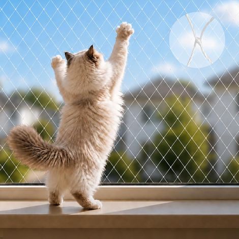Filet pour chat - 5 x 3 m - Pour balcon - Sans perçage - Blanc transparent (1/5)
