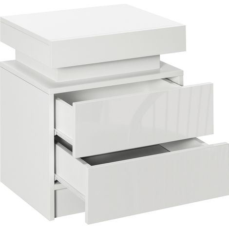 Table de chevet LED RVB avec 2 tiroirs panneau haute brillance blanc pour salon canapé, 50x40x50cm