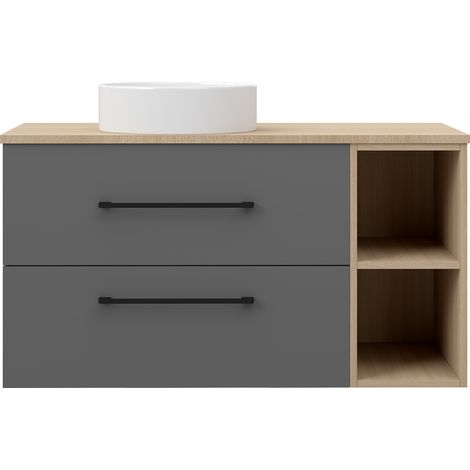 Acezanble 1000mm Vanity Unit with Ceramic Basin Wall Hung  Bathroom Cabinet Two Drawers Shelf Grey and Oak
