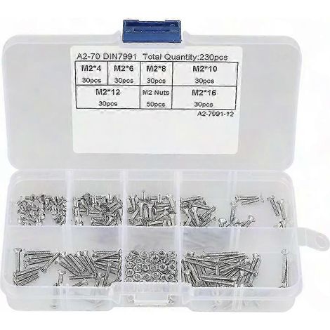 Kit de 230 pièces vis à tête fraîche M2 en acier inoxydable 304, assortiment d'écrous et boulons avec boîte de rangement (1/4)