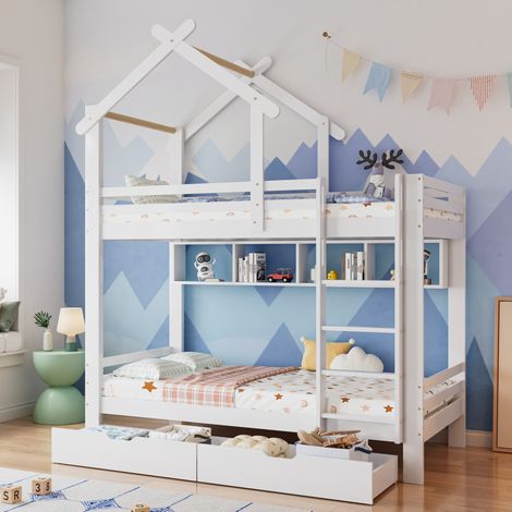 Letto a castello stile casetta 90x200 cm con cassetti e scaffali, in legno massello e MDF bianco, con scala angolare e protezioni (1/5)