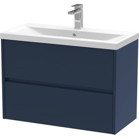 Square Wall Hung 2 Drawer Vanity Unit & Ceramic Basin, 800mm - Midnight Blue
