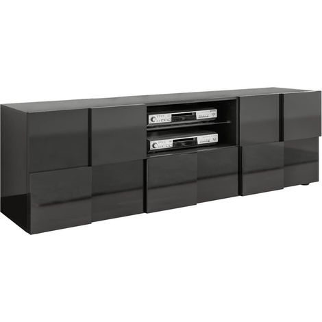REBECCA - Meuble TV 181 cm Finition Laqué Gris Carbone Relief Damiers
