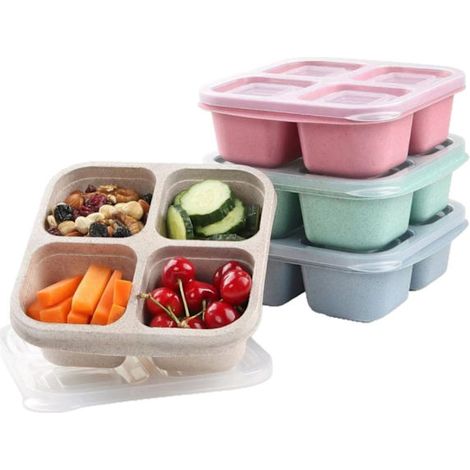 Set mit 4 Snackboxen, 4-Fächer-Bentoboxen, geeignet für Kinder und Erwachsene, Lunchboxen mit Trennwänden, kompatibel mit der Schule (grün/blau/rosa/weiß) (1/5)