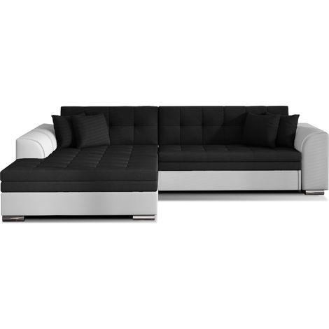 Canapé d'angle convertible tissu et simili LOOKA - Pieds métal chromé-Blanc/Noir-angle gauche (1/5)