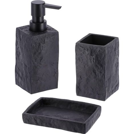 1 - Ensemble Accessoires Salle De Bain - Gobelet Distributeur Savon Porte-savon - Polyresine Effet Pierre - Usage Quotidien - Noir - 3 Pièces