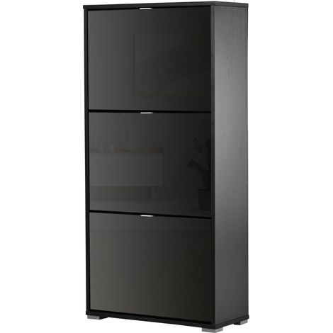 Homcom meuble à chaussures armoire à chaussures 3 portes abattantes 3 compartiments en bois dim. 60l x 26i x 124h cm noir laqué (1/5)
