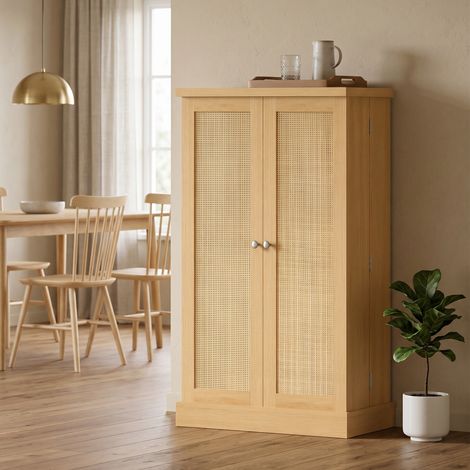 Meuble de cuisine en rotin 104 cm, étagère à 5 niveaux, 12 compartiments pour épices, tablettes ajustables, teinte naturelle (1/5)