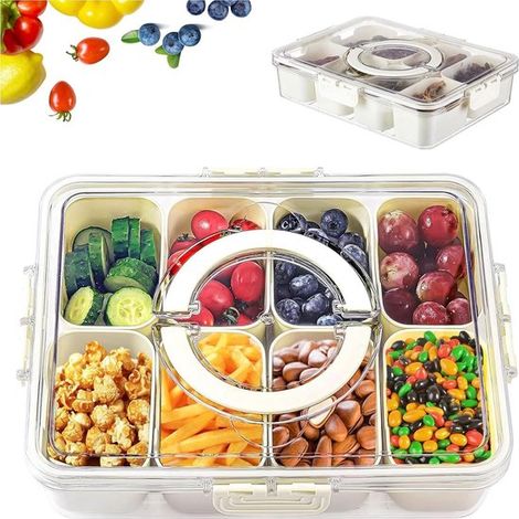 Caja de aperitivos para bebés y niños con compartimentos, plato para aperitivos con tapa, plato para servir, frutos secos, picnics de fruta (1/5)