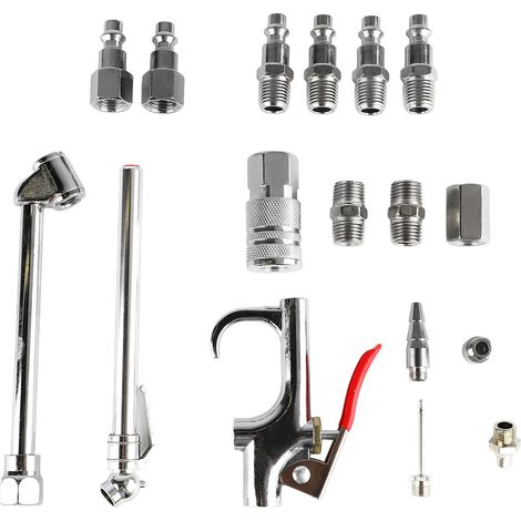 17-teiliges Zubehörset für Druckluftpistolen, 1/4-NPT-Kupplung, Stecker, Doppelfußsteckdose, Manometer, Kompressor-Aufblasvorrichtung