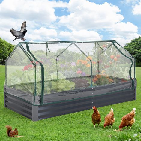 Bac de culture surélevé robuste en métal galvanisé - Protection filet anti-oiseaux - Résistant intempéries - Montage facile - Idéal légumes, fleurs, herbes - Cadre renforcé - 180×90×30cm gris open (1/5)