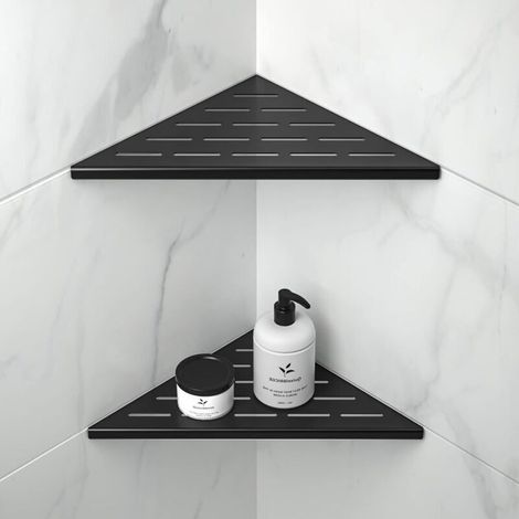 Etagère de Douche d\'angle, Lot de 2 étagères de douche d\'angle 200 mm noir mat en acier inoxydable 304, pour mur carrelé, sans perçage, lot de 2 (1/5)