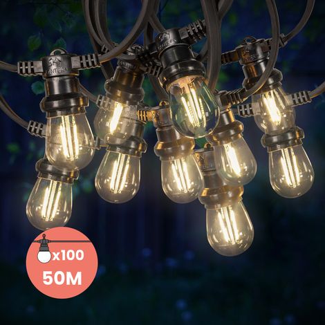 Guirlande Guinguette 50M 100 Bulbes Filament Blanc Chaud - Guirlande Lumineuse Ampoule E27 Transparente - Guirlande Guinguette Led Filament rétro (1/5)