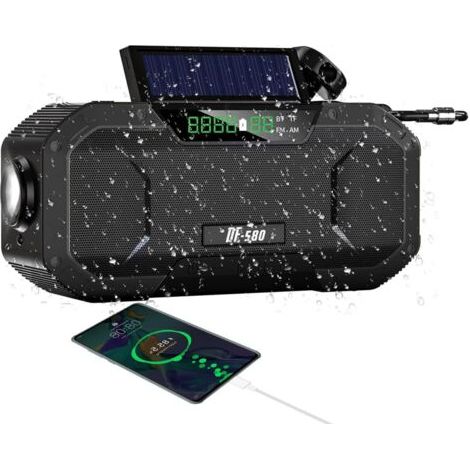 Radio Solaire, Radio à manivelle Portable AM/FM avec 5000 mAh, Radio Dynamo Rechargeable, Torche LED étanche, Batterie Externe, Alarme SOS pour randonnée, Camping, extérieur, Urgence (1/5)