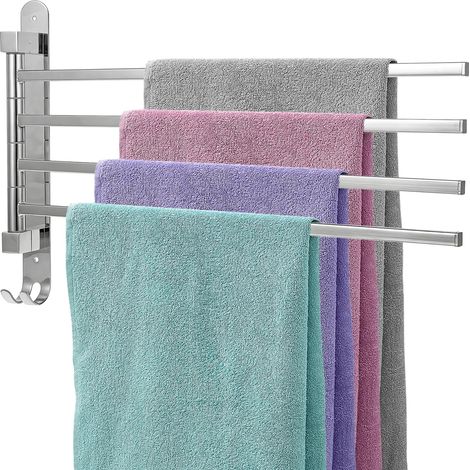 Porte-serviettes avec 4 bras pivotants - Porte-serviettes rotatif à 180° pour un accès facile - Porte-serviettes mural pivotant pour salle de bain, WC, garde-robe, cuisine - Argenté (1/5)