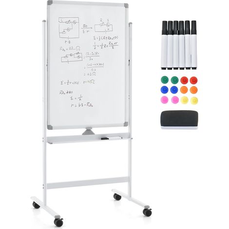 GOPLUS Lavagna Magnetica con 4 Ruote, Lavagna Bifacciale con Set di Accessori, Cancellabile a Secco, Lavagna Mobile Regolabile in Altezza, per Scuola, Ufficio, Casa (60 x 90cm, Bianco)