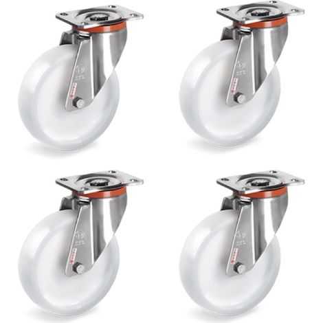 Lot de 4 roulettes INOX pivotantes roue plastique blanc 80 mm - 450 Kg (1/2)