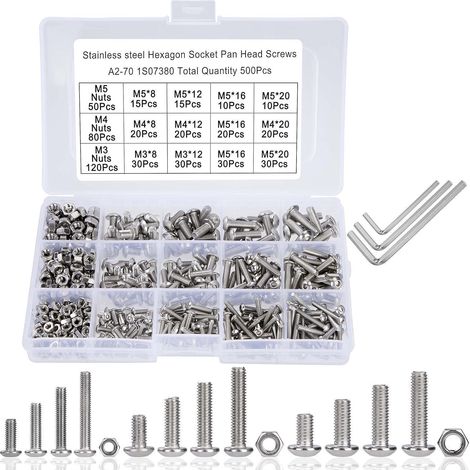 Assortiment de 500 vis et écrous M3 M4 M5 en acier inoxydable avec boîte et clé Allen (1/5)