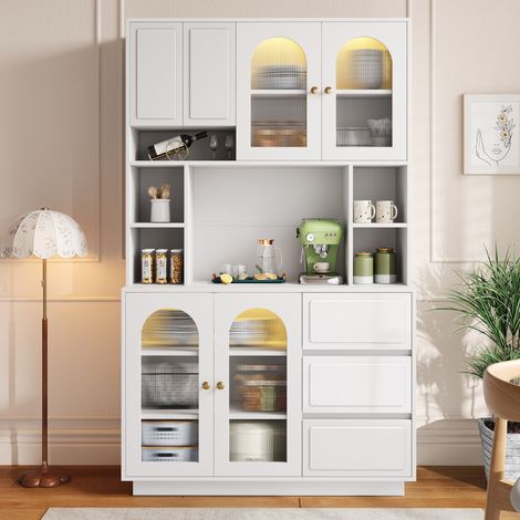 Buffet haut, meuble de rangement de cuisine avec portes cintrées en acrylique, meuble bar avec compartiments ouverts, meuble avec éclairage LED à couleur réglable contrôlé par application, meuble gard (1/4)