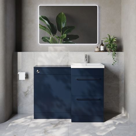 Napoli 390 Cento Deep Blue 1100mm 2 Drawer Vanity Unit Toilet Suite with Glide Basin - 1100mm - Chrome 320mm HandleWithout Kingston Toilet Pan