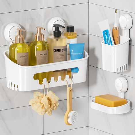 Ensemble de panier de douche à ventouses, organisateur de douche, porte-gants de toilette et porte-brosses à dents, panier d'étagère de salle de bain, sans perçage requis, blanc. (1/5)