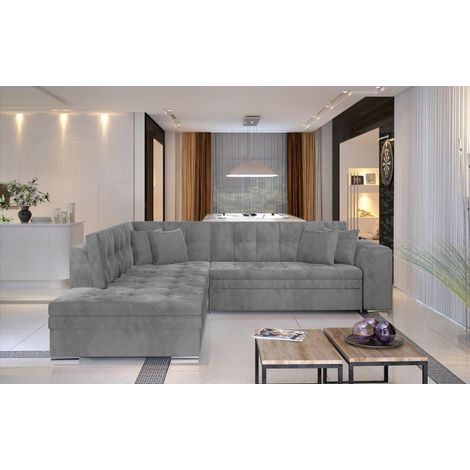 Canapé d'angle convertible – Velours gris clair – Forme en L – 260 x 205 x 80 cm – Structure en bois massif – Pieds en acier chromé – Meubler Design
