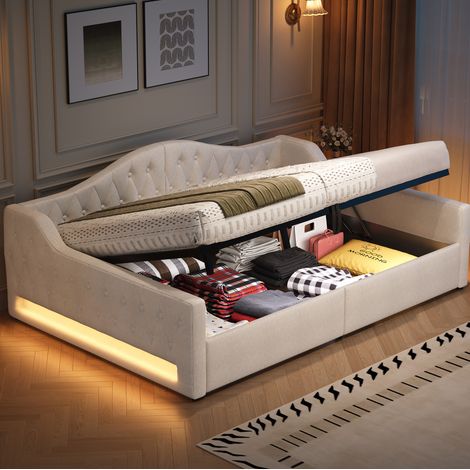Cama dormitorio tapizada 140x200 con almacenaje LED OKMYHOME (1/5)