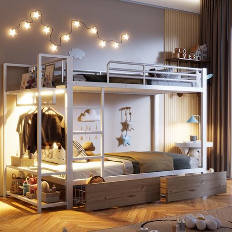 Lit superposé, 90 x 200 cm, structure en fer, 2 tiroirs, plusieurs étagères, éclairage LED, penderie, matelas non inclus, blanc