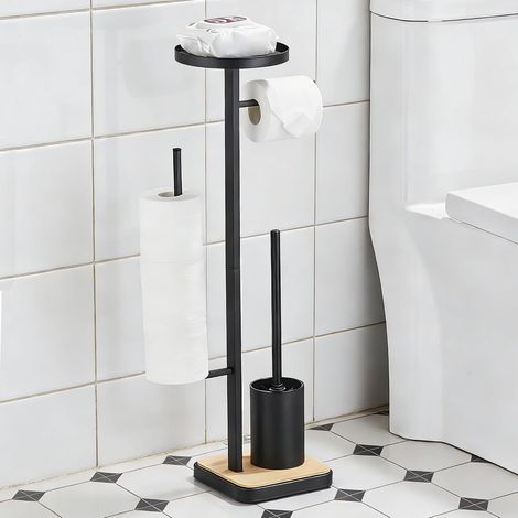 1 Porte Papier Toilette sur Pied, Bois Noir, Support 4 Rouleaux, Brosse WC Incluse, Rangement Sans Percage pour Salle de Bain