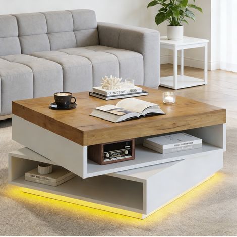 Table basse 65x65x40 cm blanc et bois, plateau rotatif 360°, LED, rangement ouvert, MDF, MEUBLIV (1/5)