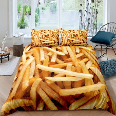 Parure de lit avec housse de couette et 1 taie d'oreiller 135 x 200 cm, pour chambre d'enfant, motif frites dorées, impression fast food, pour les amateurs de malbouffe (1/5)