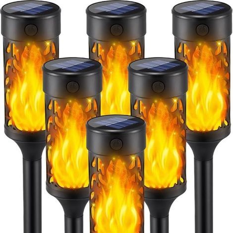 Lampe solaire flamme extérieure 6 unités – Étanche IP65 – Lumière blanche chaude pour jardins, patios, allées – Charge solaire automatique (1/5)