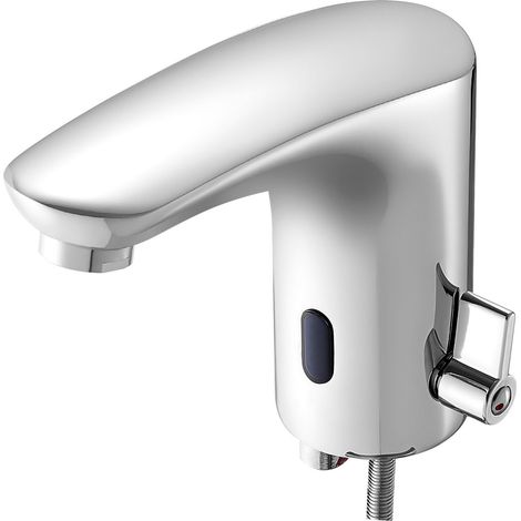 Mophorn Grifo de Lavabo Automático sin Contacto para Baño, Mezclador Monomando Ajustable con Sensor de Movimiento, Funciona con Pilas, Diseño Cromado Plateado, Forma Redonda en L, 170 x 55 x 150 mm (1/5)