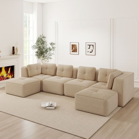 REDOM - Sofá esquinero modular, sin montaje, convertible, asiento profundo, tela de pana beige (1/5)