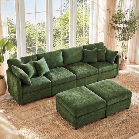 Divano modulare 278 x 161 x 81 cm in ciniglia verde, a U o L, 6 cuscini - CHICFURN (1/5)