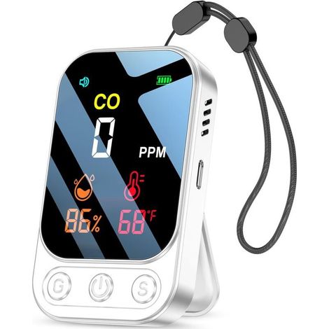 Carbon Monoxide Detector with Smart Alarm Function, 3-in-1 CO Detector for Humidity/Temperature/Carbon Monoxide Concentration, Portable Rechargeable CO Alarm for Home/RV/Camping (White) (1/5)