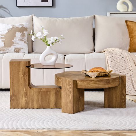Table basse gigogne ronde 2 niveaux verre MDF OKMYHOME (1/5)