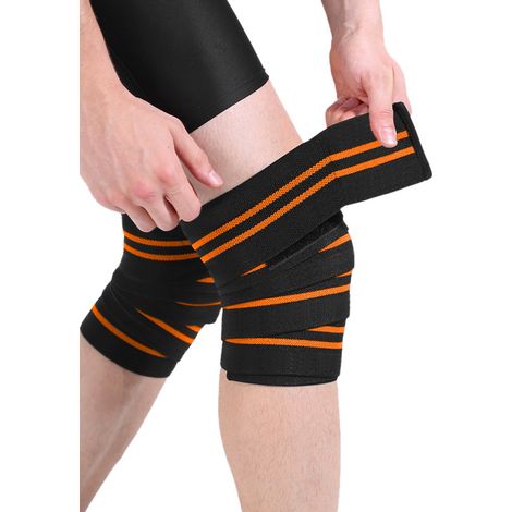 Bandes de genou ergonomiques (lot de 2) - Support de genou enveloppant pour musculation - Durables et respirantes - 170 cm - Orange (1/5)
