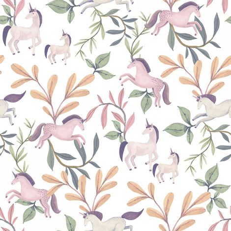 Papier peint licornes roses feuillages colorés (1/2)