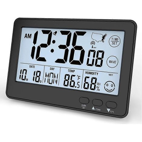 Petite horloge de bureau, horloge numérique de bureau à réglage automatique avec affichage de la température, de l'humidité et de la date, réveil pour chambre/bureau. (1/5)