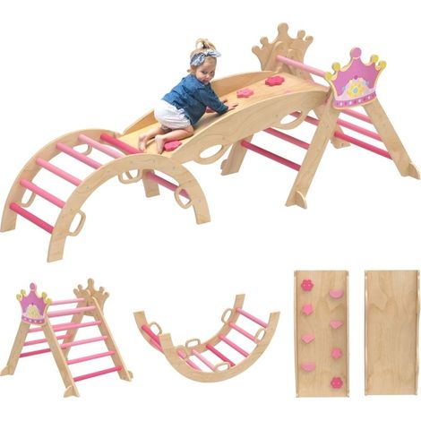 Structure d'escalade intérieure 8-en-1 en bois, style princesse, équipée de toboggan, rampe et arche pour enfants