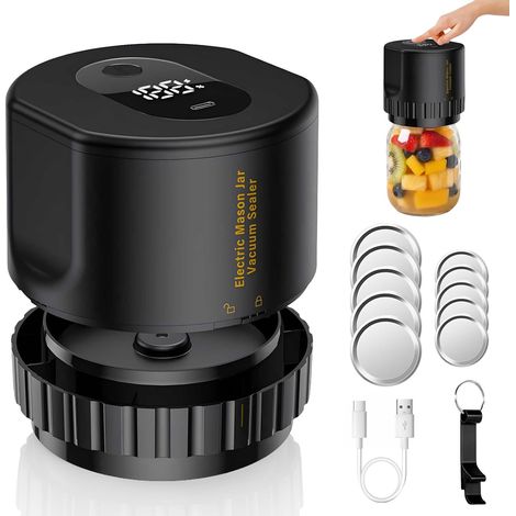 Machine Sous Vide pour Bocaux en Verre, Scelleuse sous Vide Bocaux Mason Jar Vacuum Sealer pour Bocaux à Ouverture Normale, Conservation Aliments et Fermentation, Ouvre-boîte et 5 Paires de Couvercles (1/5)