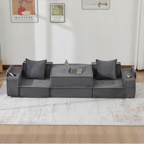 Sofá cama modular de 2 plazas en pana gris oscuro, con 2 cojines y bolsillos laterales (1/5)