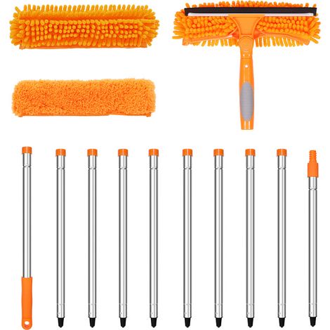 Escobilla limpiacristales de doble cara 2 en 1 para limpiar y mantener cristales, ideal para espacios altos, color naranja y acero inoxidable.
