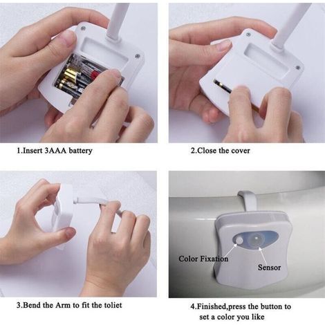 Lampe de Toilette, Veilleuse LED pour WC Salle de Bain Capteur Détecteur PIR 8 Changement de Couleurs éclairage (seulement s'active dans l'obscurité).. (1/3)